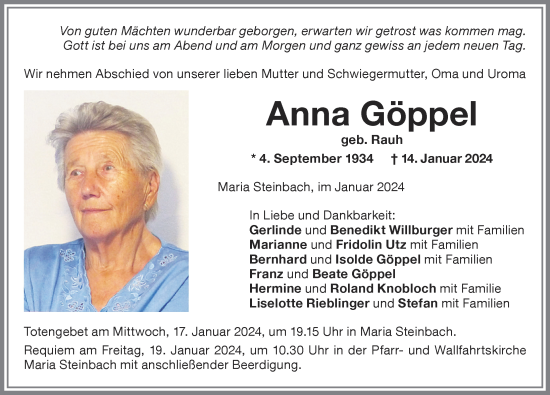 Traueranzeige von Anna Göppel von Memminger Zeitung