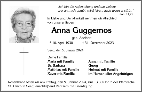 Traueranzeige von Anna Guggemos von Allgäuer Zeitung, Füssen