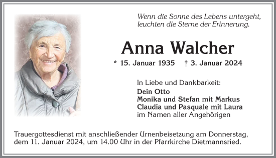 Traueranzeige von Anna Walcher von Allgäuer Zeitung,Kempten