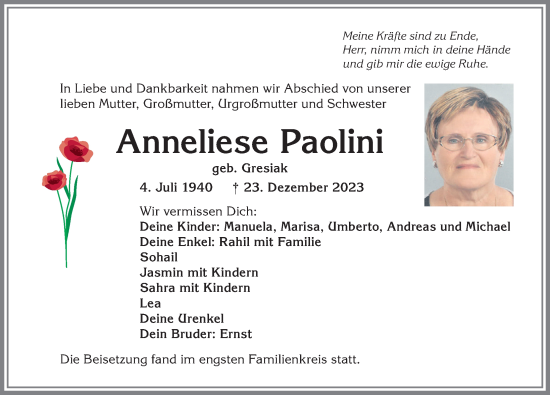 Traueranzeige von Anneliese Paolini von Allgäuer Anzeigeblatt