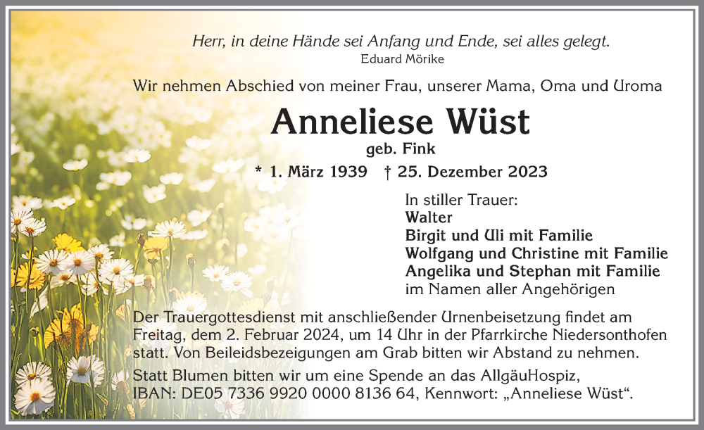  Traueranzeige für Anneliese Wüst vom 27.01.2024 aus Allgäuer Zeitung,Kempten