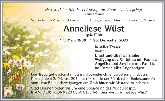 Traueranzeige von Anneliese Wüst von Allgäuer Zeitung,Kempten