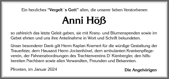 Traueranzeige von Anni Höß von Allgäuer Zeitung, Füssen