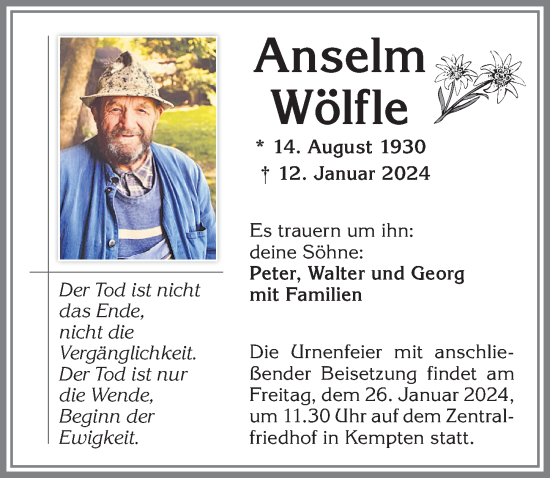 Traueranzeige von Anselm Wölfle von Allgäuer Zeitung,Kempten