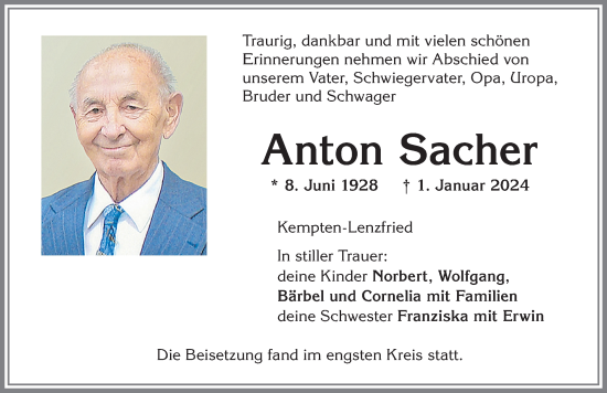 Traueranzeige von Anton Sacher von Allgäuer Zeitung,Kempten