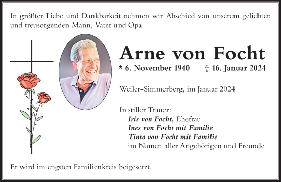 Traueranzeige von Arne von Focht von Der Westallgäuer
