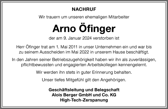 Traueranzeige von Arno Öfinger von Memminger Zeitung