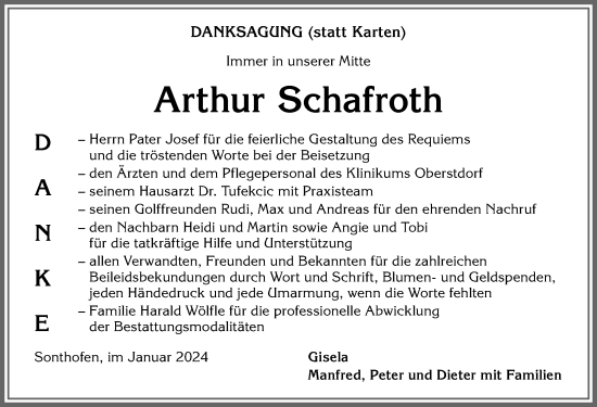 Traueranzeige von Arthur Schafroth von Allgäuer Anzeigeblatt