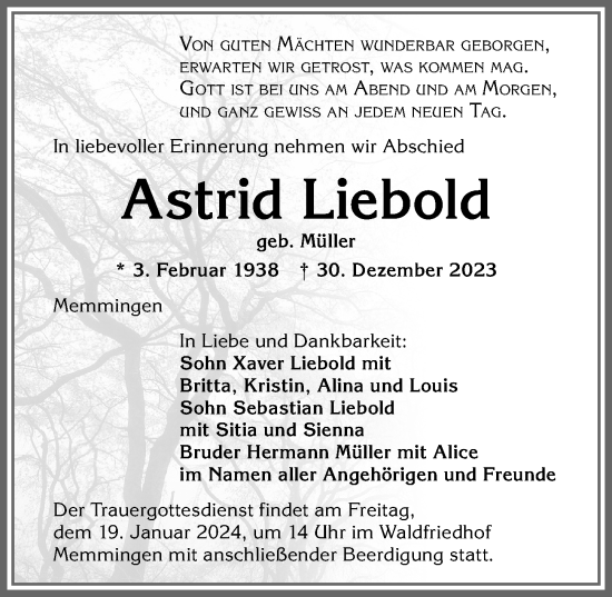 Traueranzeige von Astrid Liebold von Memminger Zeitung