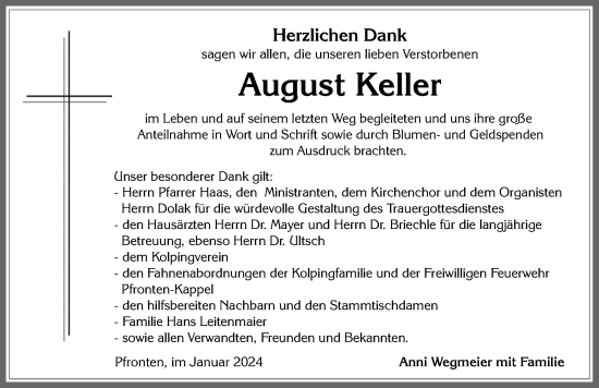 Traueranzeige von August Keller von Allgäuer Zeitung, Füssen