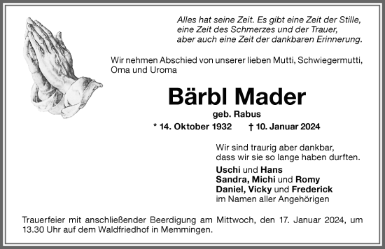 Traueranzeige von Bärbl Mader von Memminger Zeitung