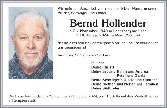 Traueranzeige von Bernd Hollender von Allgäuer Zeitung,Kempten