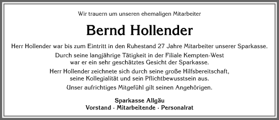 Traueranzeige von Bernd Hollender von Allgäuer Zeitung,Kempten