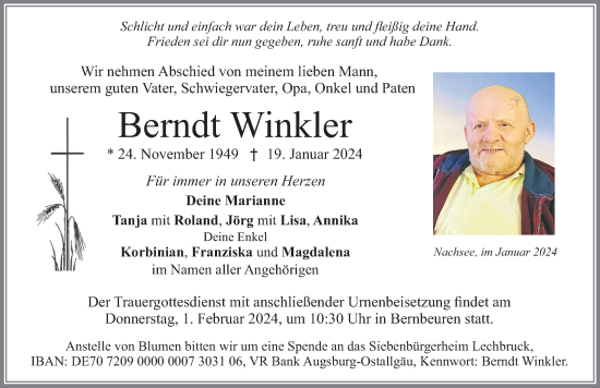 Traueranzeige von Berndt Winkler von Allgäuer Zeitung, Füssen