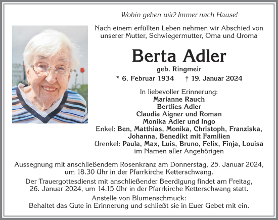 Traueranzeige von Berta Adler von Allgäuer Zeitung, Kaufbeuren/Buchloe