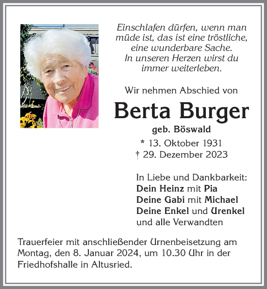 Traueranzeige von Berta Burger von Allgäuer Zeitung,Kempten