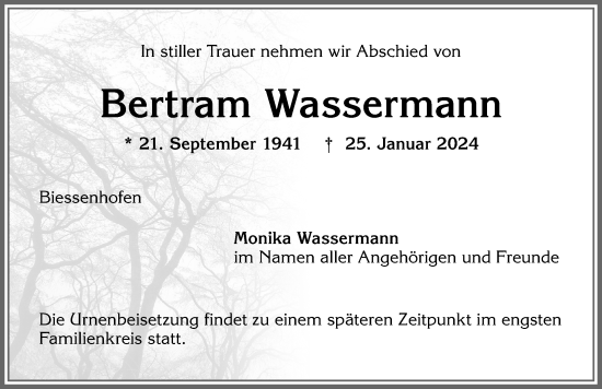 Traueranzeige von Bertram Wassermann von Allgäuer Zeitung, Kaufbeuren/Buchloe