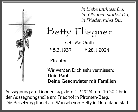 Traueranzeige von Betty Fliegner von Allgäuer Zeitung, Füssen