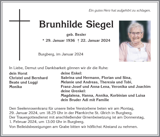 Traueranzeige von Brunhilde Siegel von Allgäuer Anzeigeblatt