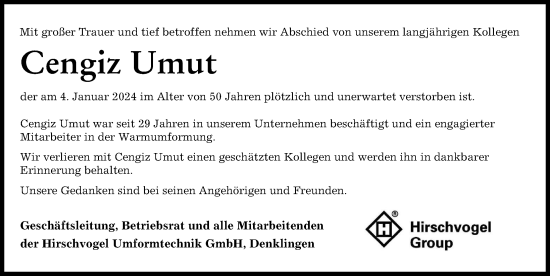 Traueranzeige von Cengiz Umut von Allgäuer Zeitung, Marktoberdorf