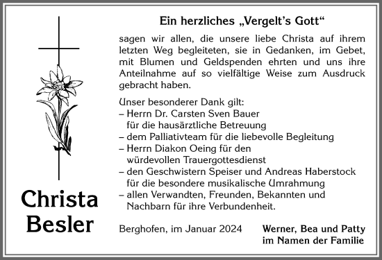 Traueranzeige von Christa Besler von Allgäuer Anzeigeblatt