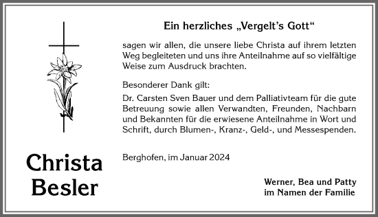 Traueranzeige von Christa Besler von Allgäuer Anzeigeblatt