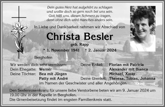 Traueranzeige von Christa Besler von Allgäuer Anzeigeblatt