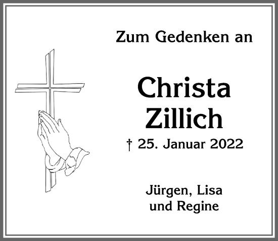 Traueranzeige von Christa Zillich von Allgäuer Zeitung, Marktoberdorf