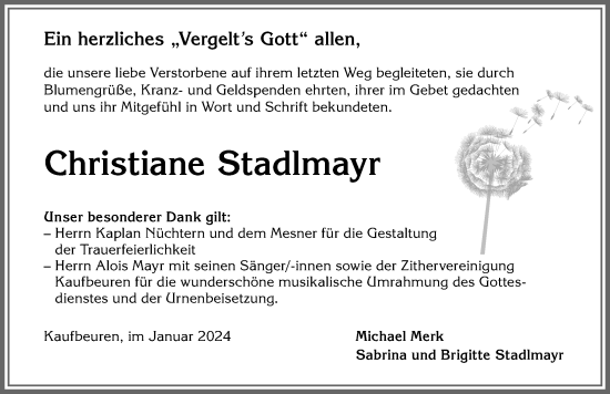 Traueranzeige von Christiane Stadlmayr von Allgäuer Zeitung, Kaufbeuren/Buchloe