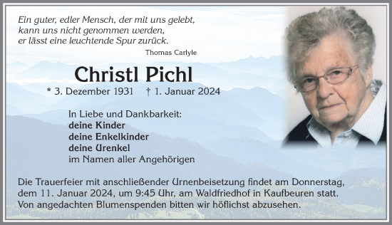 Traueranzeige von Christl Pichl von Allgäuer Zeitung, Kaufbeuren/Buchloe