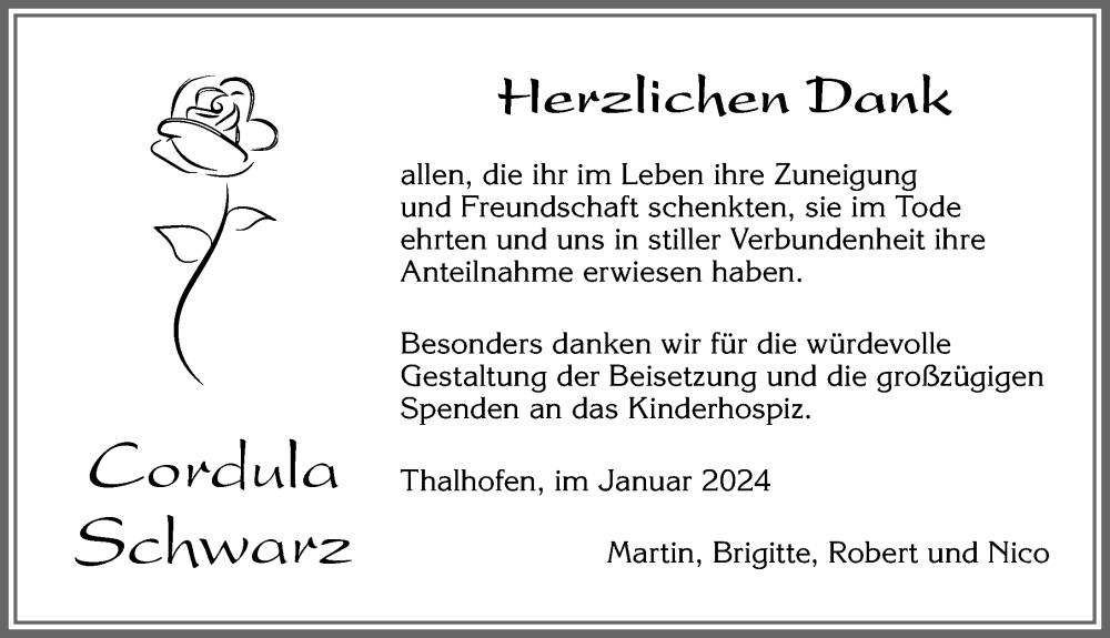  Traueranzeige für Cordula Schwarz vom 20.01.2024 aus Allgäuer Zeitung, Marktoberdorf
