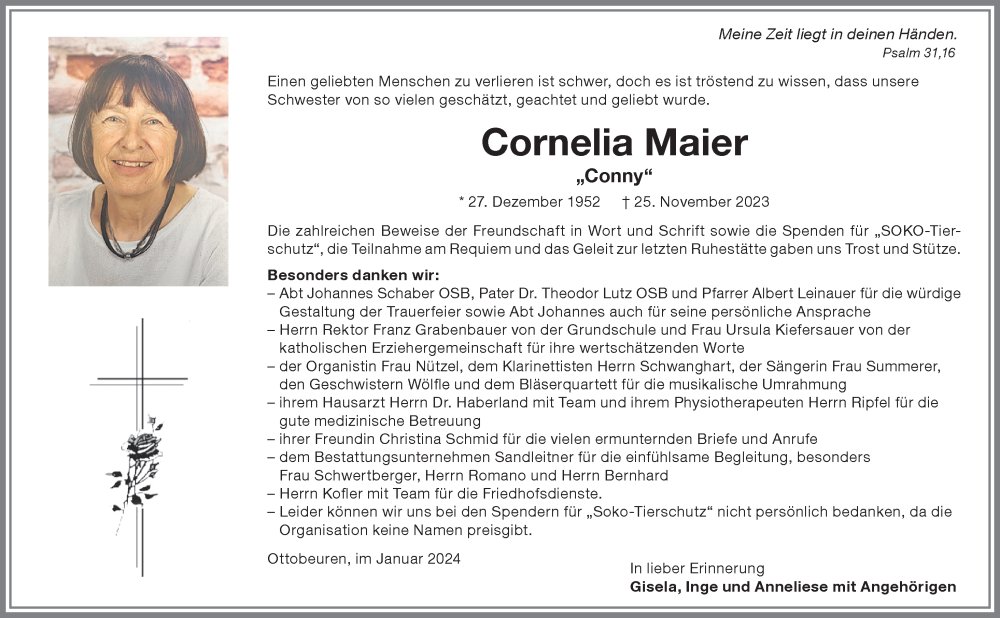  Traueranzeige für Cornelia Maier vom 13.01.2024 aus Memminger Zeitung