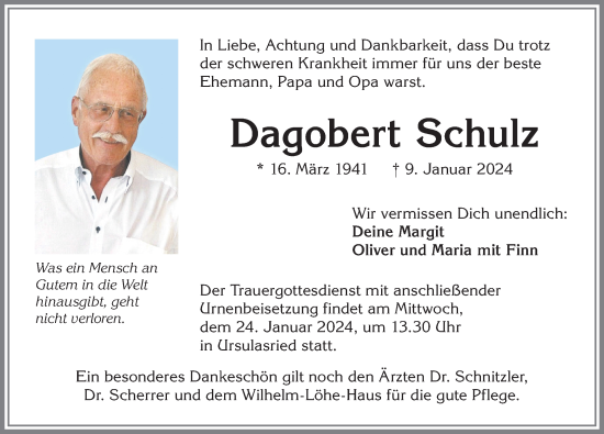 Traueranzeige von Dagobert Schulz von Allgäuer Zeitung,Kempten