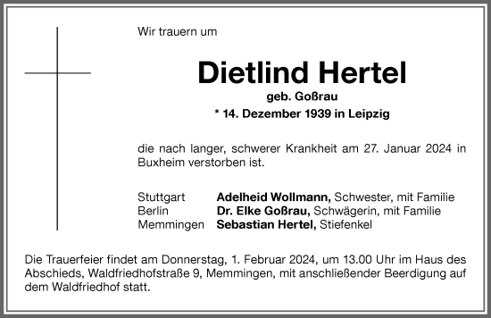 Traueranzeige von Dietlind Hertel von Memminger Zeitung