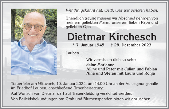 Traueranzeige von Dietmar Kirchesch von Allgäuer Zeitung,Kempten