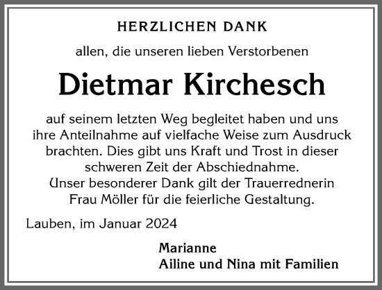 Traueranzeige von Dietmar Kirchesch von Allgäuer Zeitung,Kempten