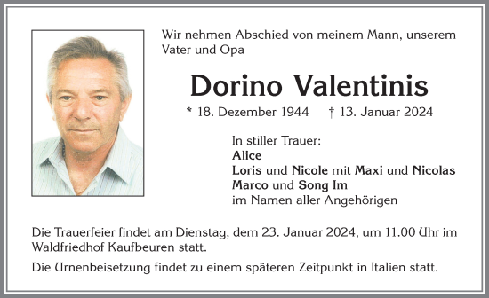 Traueranzeige von Dorino Valentinis von Allgäuer Zeitung, Kaufbeuren/Buchloe