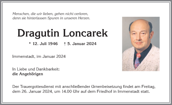 Traueranzeige von Dragutin Loncarek von Allgäuer Anzeigeblatt