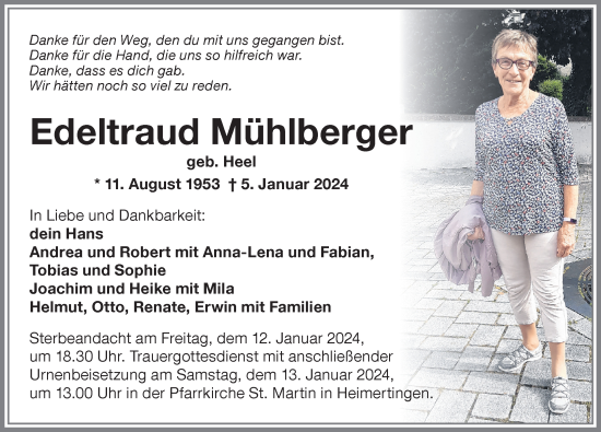 Traueranzeige von Edeltraud Mühlberger von Memminger Zeitung