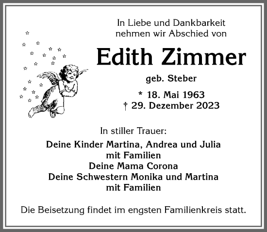 Traueranzeige von Edith Zimmer von Allgäuer Zeitung, Kaufbeuren/Buchloe