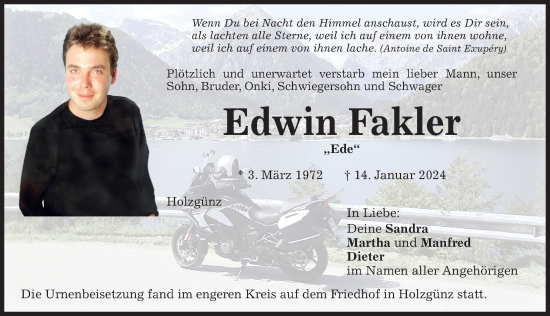 Traueranzeige von Edwin Fakler von Memminger Zeitung