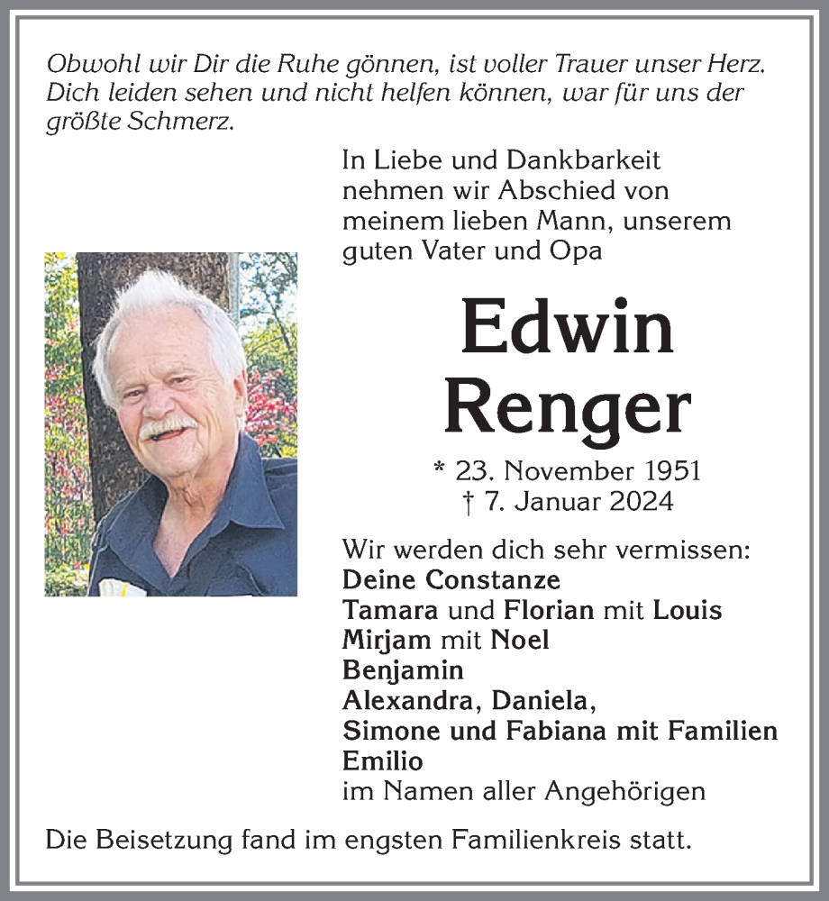  Traueranzeige für Edwin Renger vom 27.01.2024 aus Allgäuer Zeitung,Kempten