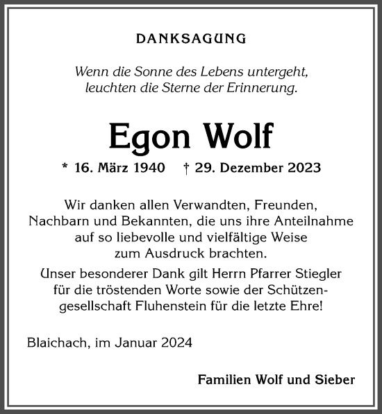 Traueranzeige von Egon Wolf von Allgäuer Anzeigeblatt
