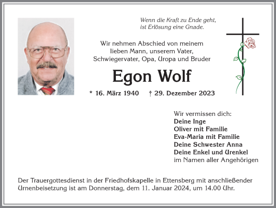 Traueranzeige von Egon Wolf von Allgäuer Anzeigeblatt