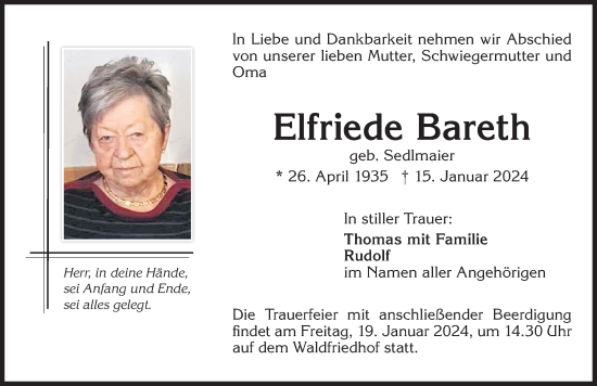 Traueranzeige von Elfriede Bareth von Memminger Zeitung