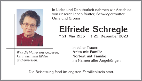 Traueranzeige von Elfriede Schregle von Allgäuer Zeitung, Kaufbeuren/Buchloe