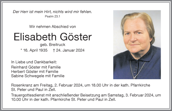 Traueranzeige von Elisabeth Göster von Memminger Zeitung