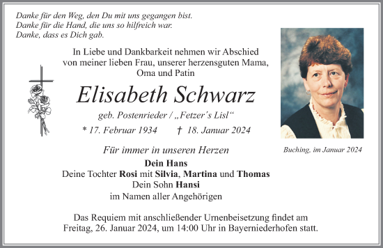 Traueranzeige von Elisabeth Schwarz von Allgäuer Zeitung, Füssen