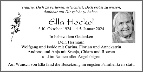 Traueranzeige von Ella Heckel von Allgäuer Zeitung, Marktoberdorf