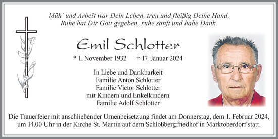 Traueranzeige von Emil Schlotter von Allgäuer Zeitung, Marktoberdorf